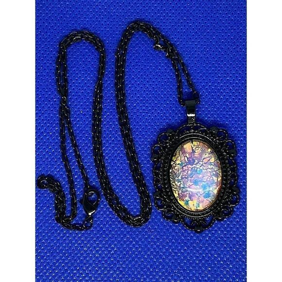 Opalescent Fire White Opal Black Enamel Necklace - Picture 2 of 9